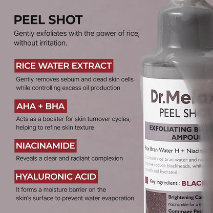 Dr.Melaxin Peel Shot Glow Rice Ampoule Duo (White + Black) & Kojic Acid Spray Set – Exfoliating & Brightening Skincare Kit for Smooth Texture, Dark Spot Care & Radiant Skin