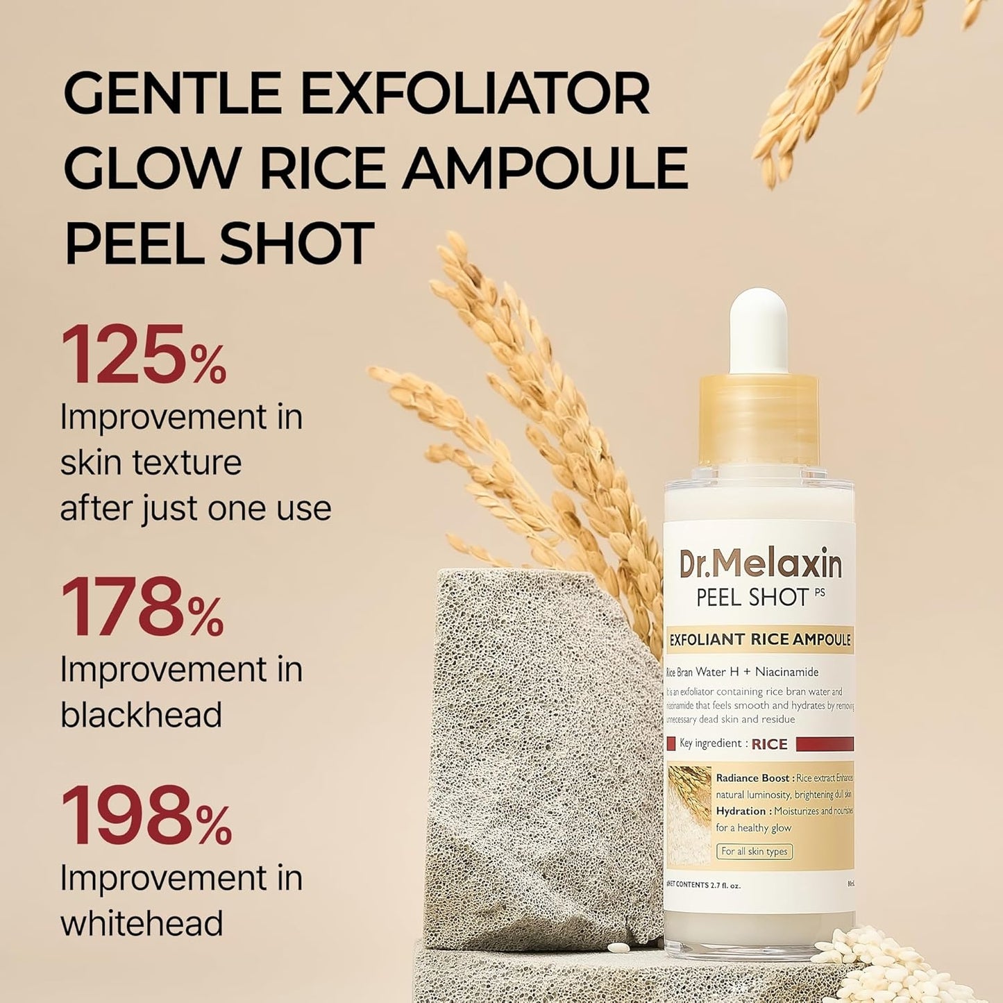 Dr.Melaxin Peel Shot Glow Rice Ampoule Duo (White + Black) & Kojic Acid Spray Set – Exfoliating & Brightening Skincare Kit for Smooth Texture, Dark Spot Care & Radiant Skin