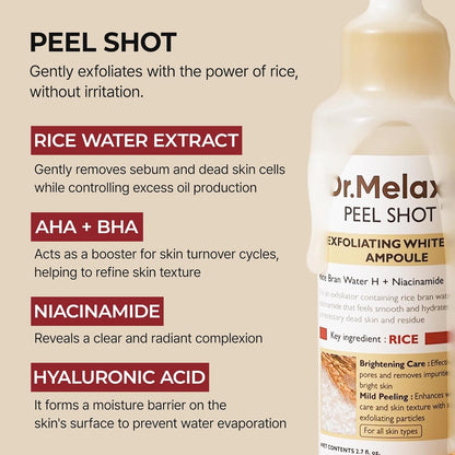Dr.Melaxin Peel Shot Glow Rice Ampoule Duo (White + Black) & Kojic Acid Spray Set – Exfoliating & Brightening Skincare Kit for Smooth Texture, Dark Spot Care & Radiant Skin
