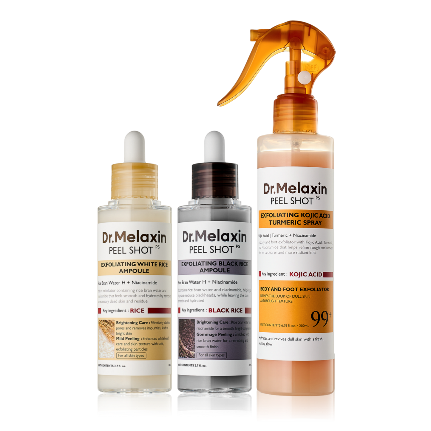 Dr.Melaxin Peel Shot Glow Rice Ampoule Duo (White + Black) & Kojic Acid Spray Set – Exfoliating & Brightening Skincare Kit for Smooth Texture, Dark Spot Care & Radiant Skin