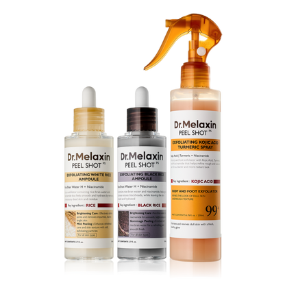Dr.Melaxin Peel Shot Glow Rice Ampoule Duo (White + Black) & Kojic Acid Spray Set – Exfoliating & Brightening Skincare Kit for Smooth Texture, Dark Spot Care & Radiant Skin