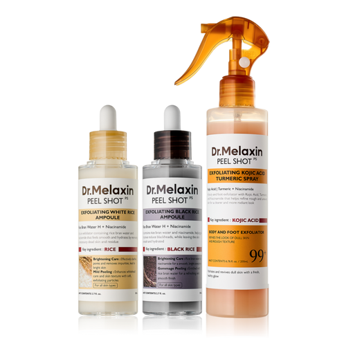Dr.Melaxin Peel Shot Glow Rice Ampoule Duo (White + Black) & Kojic Acid Spray Set – Exfoliating & Brightening Skincare Kit for Smooth Texture, Dark Spot Care & Radiant Skin
