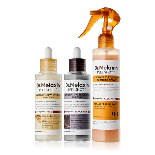 Dr.Melaxin Peel Shot Glow Rice Ampoule Duo (White + Black) & Kojic Acid Spray Set – Exfoliating & Brightening Skincare Kit for Smooth Texture, Dark Spot Care & Radiant Skin