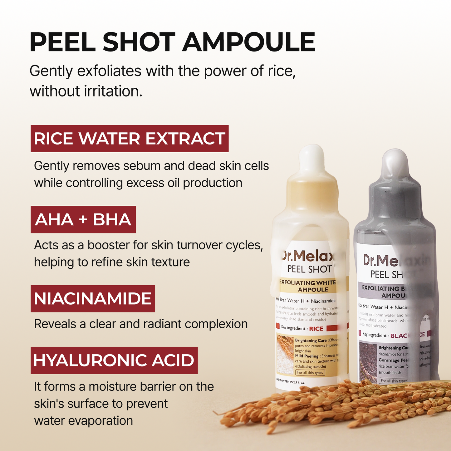 Dr.Melaxin 4-Piece Skincare Set – Peel Shot Rice Ampoule Duo (White + Black) & Lumi Firm Lift Care Duo, Exfoliating, Brightening & Firming Kit for Smooth, Lifted & Radiant Skin